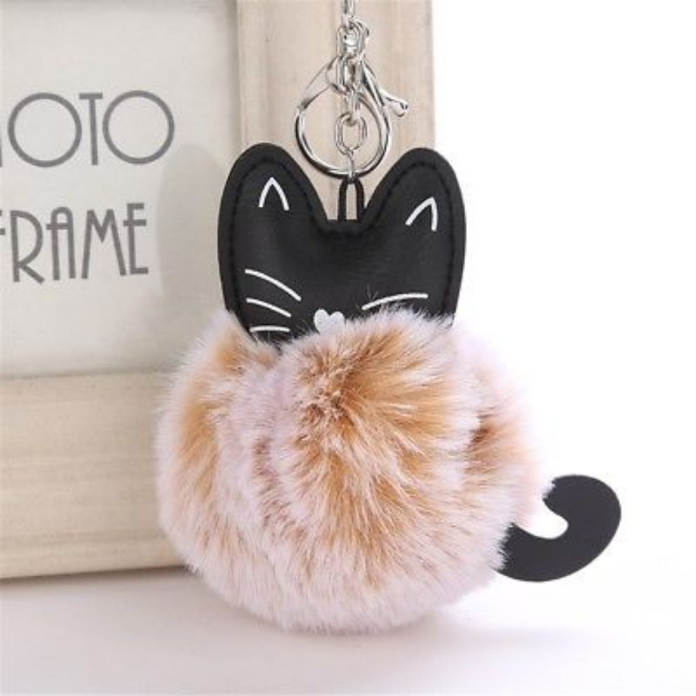 Khaki Pompom Kitty Keychain